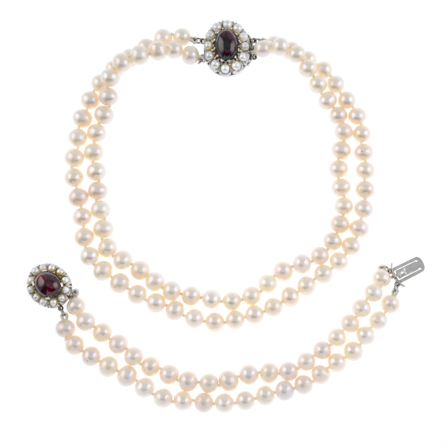 Cultured pearl two-row necklace and bracelet - Image 2 of 6