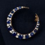 Victorian sapphire and diamond crescent moon brooch