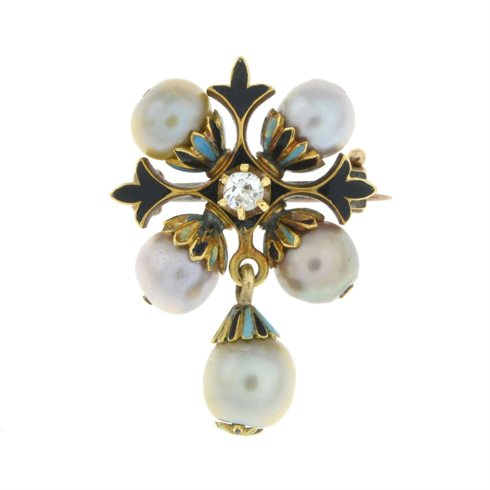 19th century gold diamond, pearl and enamel brooch - Image 2 of 4