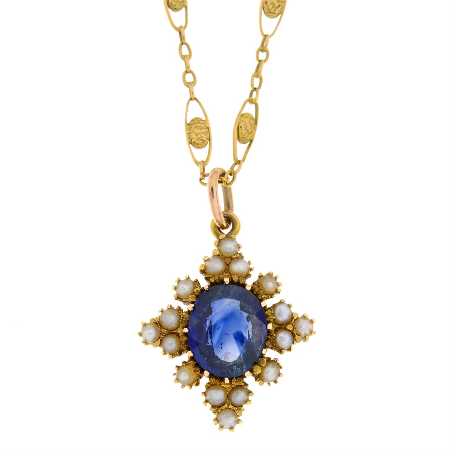 15ct gold sapphire and split pearl pendant and chain - Bild 4 aus 6