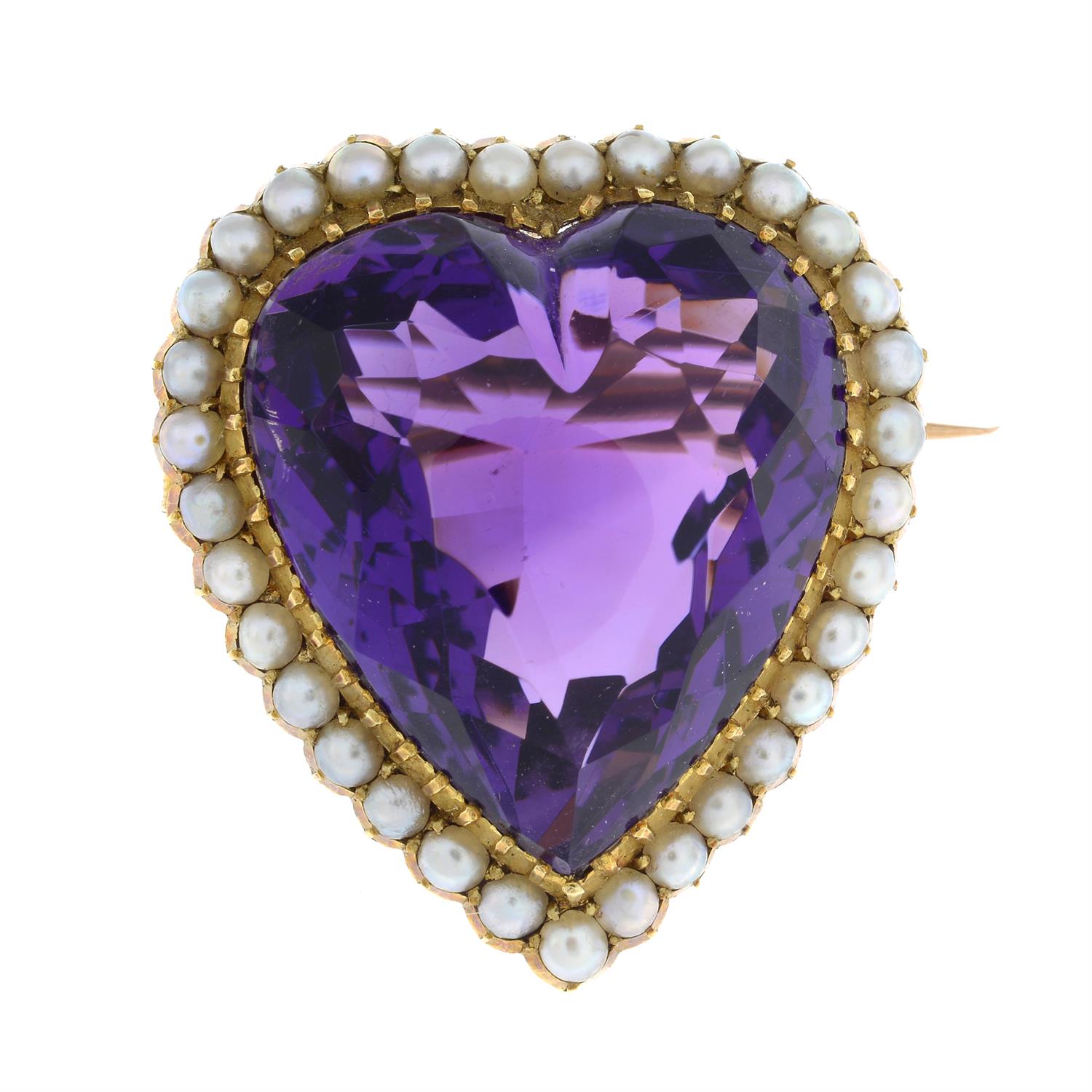 15ct gold amethyst and split pearl heart brooch - Image 2 of 6
