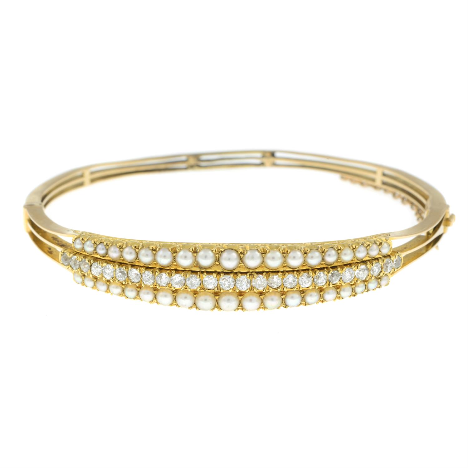 Victorian 15ct gold diamond and split pearl bangle - Image 2 of 4