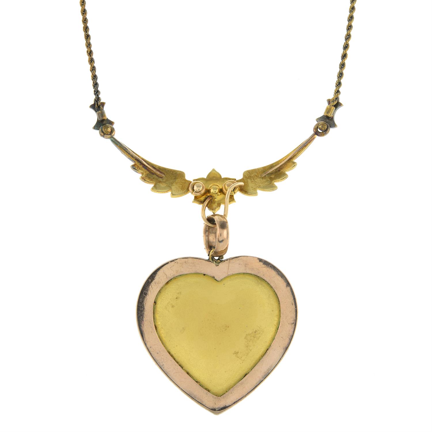 Late 19th century gold enamel heart and wings necklace - Image 3 of 5