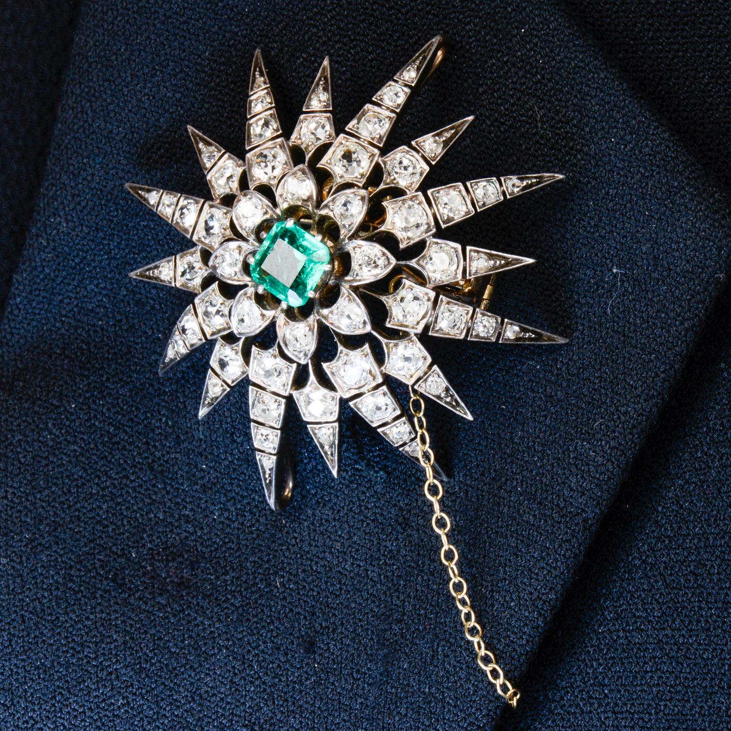 Victorian emerald and diamond star brooch