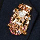 Mid 20th century gold, topaz, diamond and ruby clip