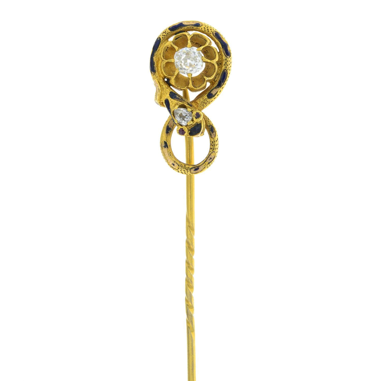 19th century gold diamond and enamel snake stickpin - Image 2 of 5