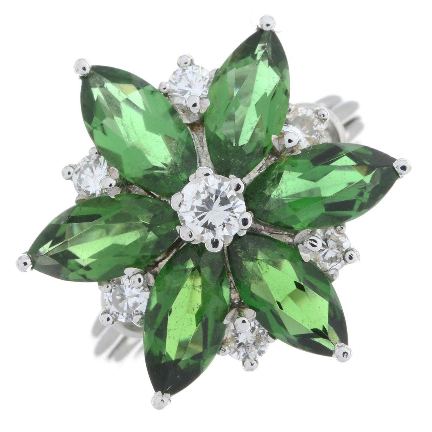 Diamond and green gem floral cluster ring - Image 2 of 5
