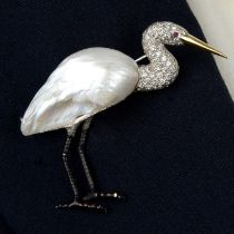 Pearl and diamond heron brooch, by E Wolfe & Co.