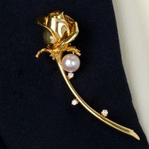 Cultured pearl and diamond rose brooch, by Mikimoto