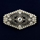 Art deco platinum diamond, pearl and enamel brooch
