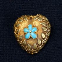 19th century gold turquoise heart brooch