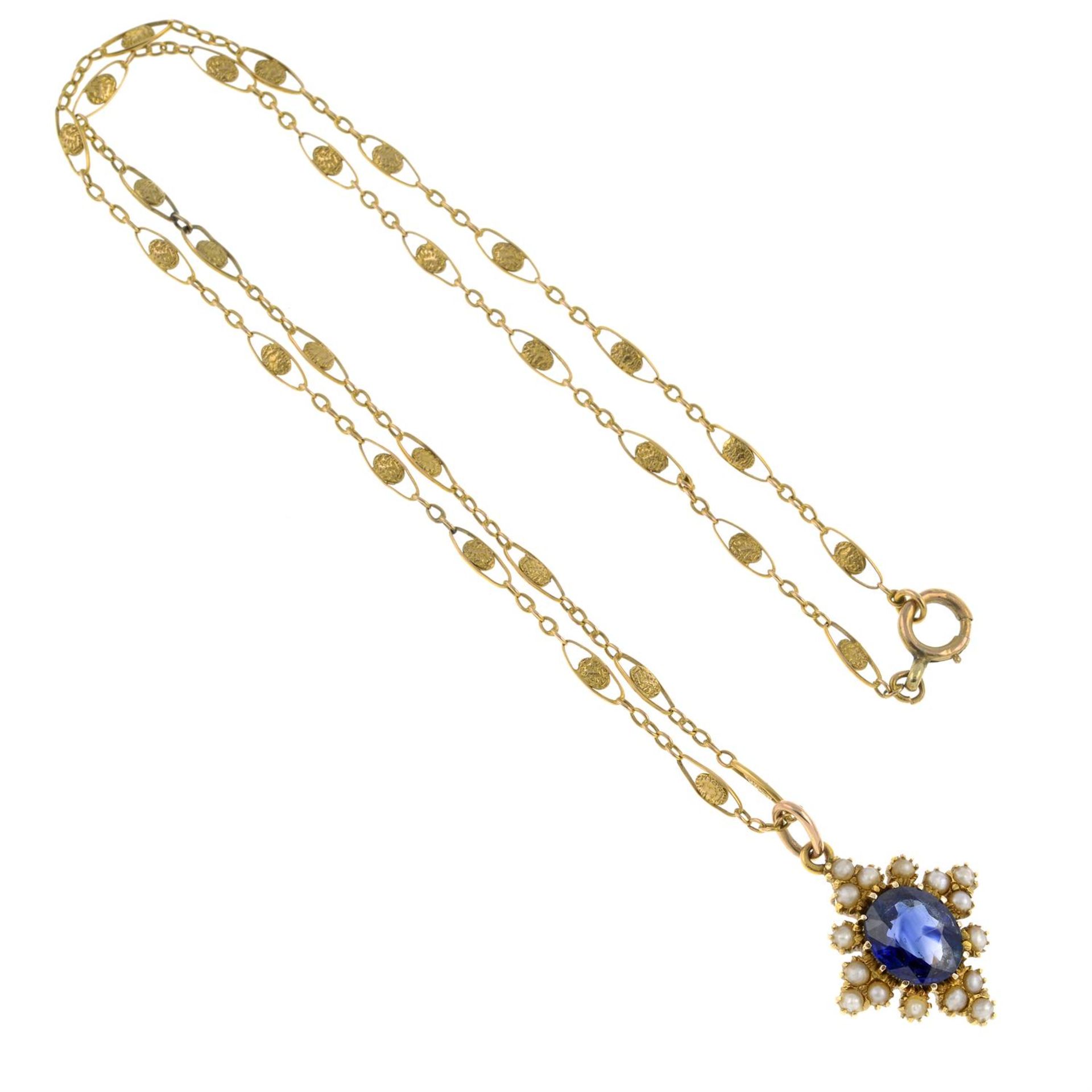 15ct gold sapphire and split pearl pendant and chain - Image 5 of 6