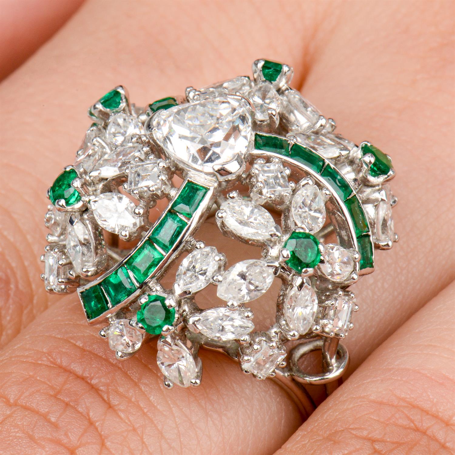 Mid 20th century platinum diamond and emerald floral ring