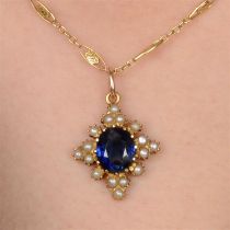 15ct gold sapphire and split pearl pendant and chain