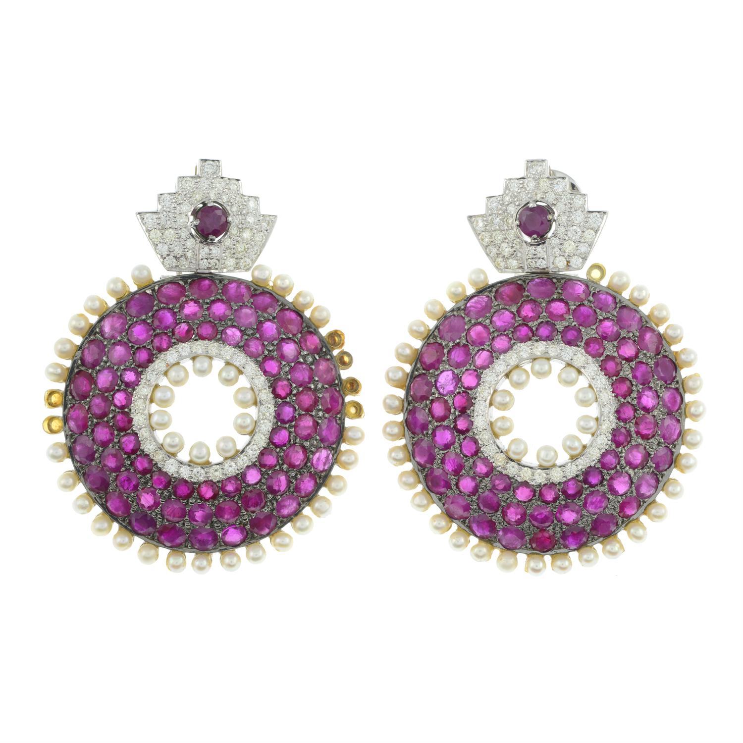 Ruby, seed pearl and diamond earrings - Image 2 of 3