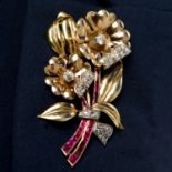 Retro gold, diamond and ruby flower brooch