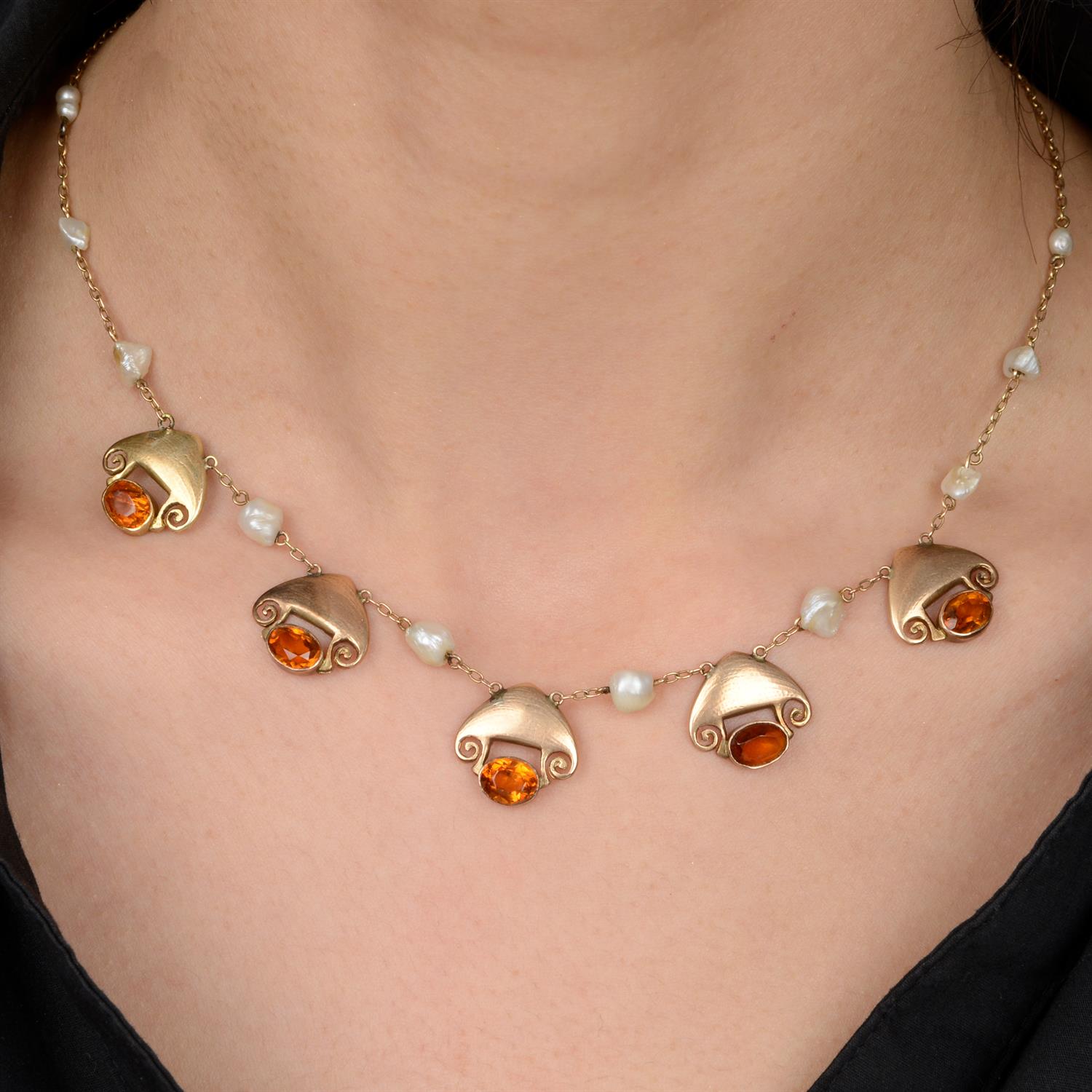 Citrine and baroque pearl necklace, by Liberty & Co.