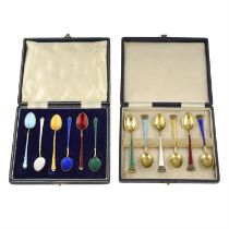 Two cased sets of Danish silver-gilt & harlequin enamel coffee spoons.