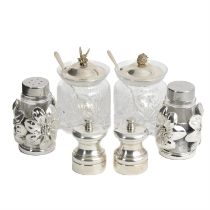 Silver preserve pots, cruet and salt and pepper.