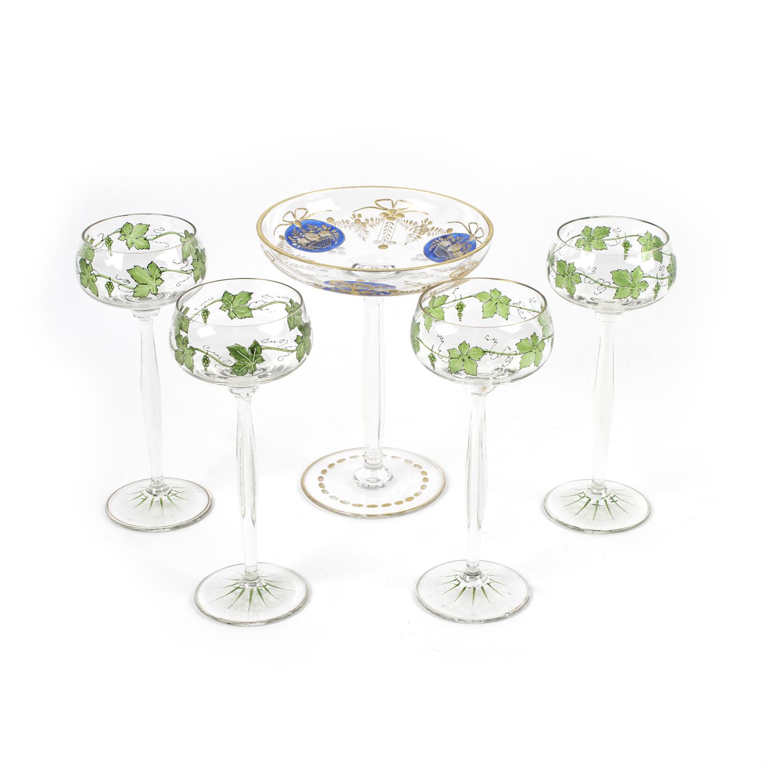 Four Arts and Crafts hock glasses and a glass comport