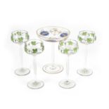 Four Arts and Crafts hock glasses and a glass comport