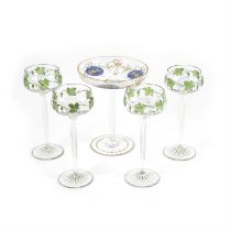 Four Arts and Crafts hock glasses and a glass comport