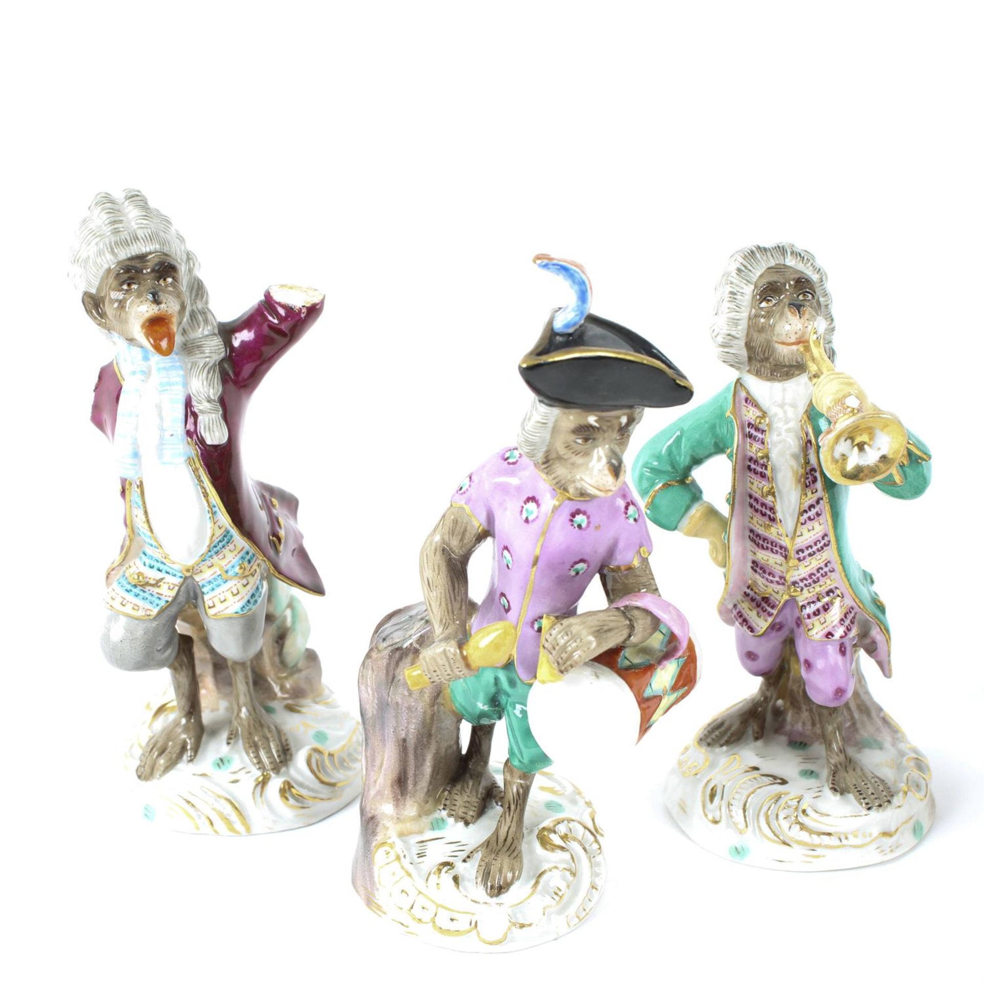 Six Sitzendorf monkey band figurines - Image 2 of 4