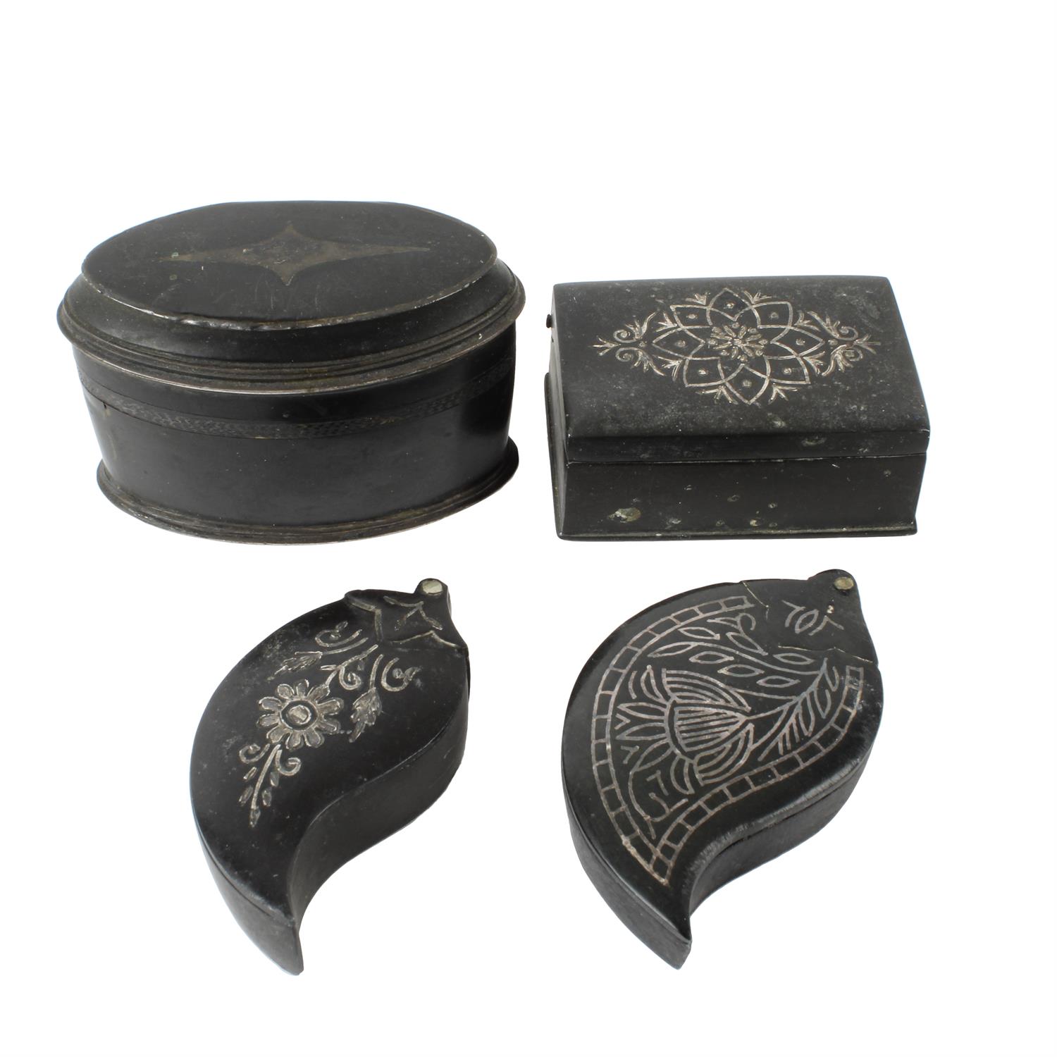 Four metal trinket boxes with silver decoration