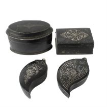 Four metal trinket boxes with silver decoration