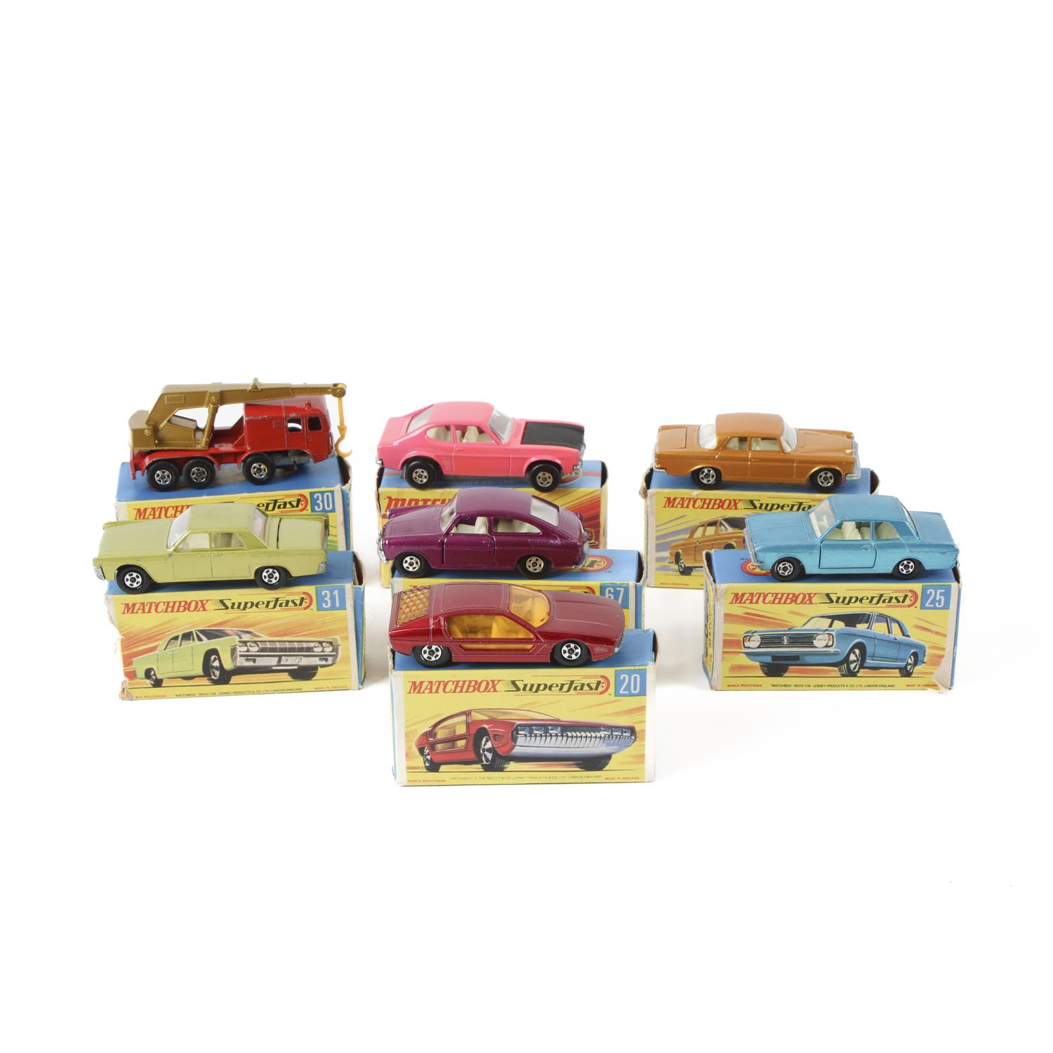 Seven Matchbox Superfast diecast cars