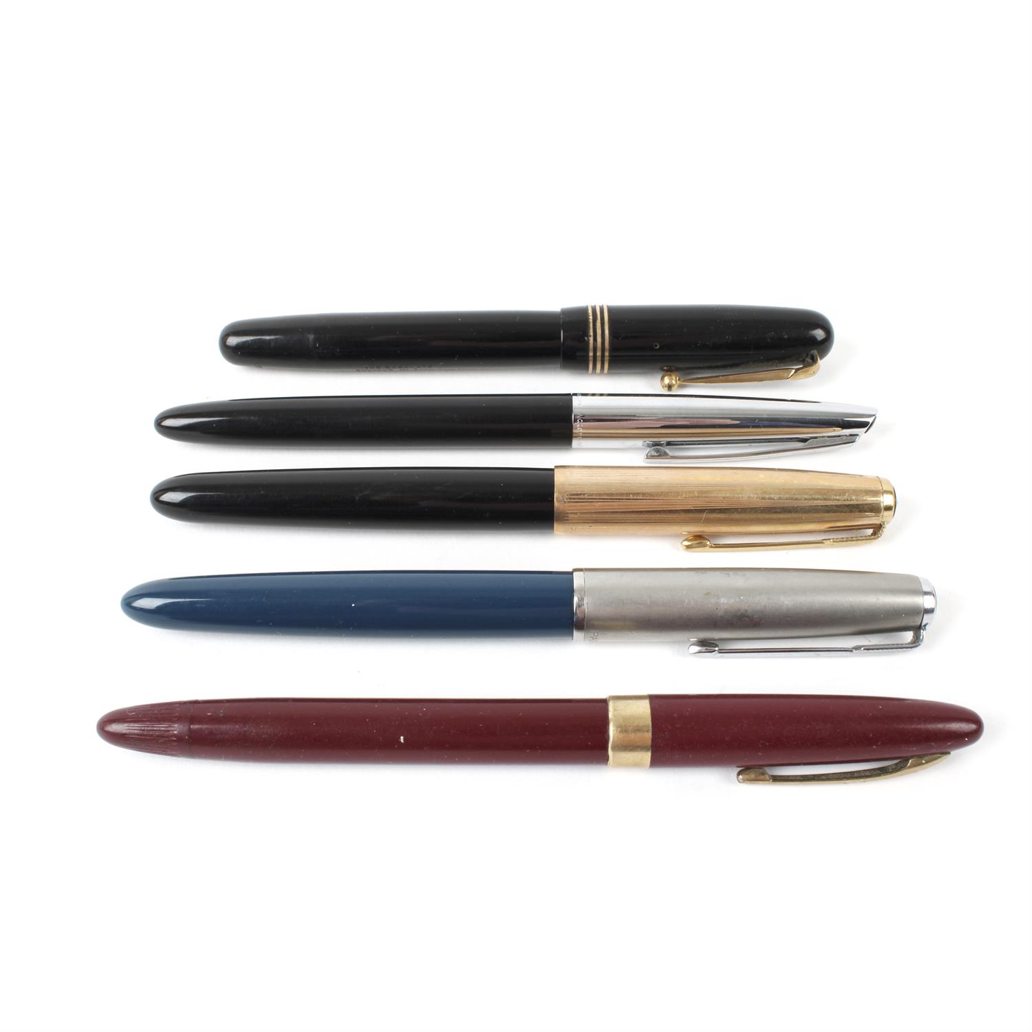 Five assorted fountain pens including Waterman, Parker and Mabie Todd