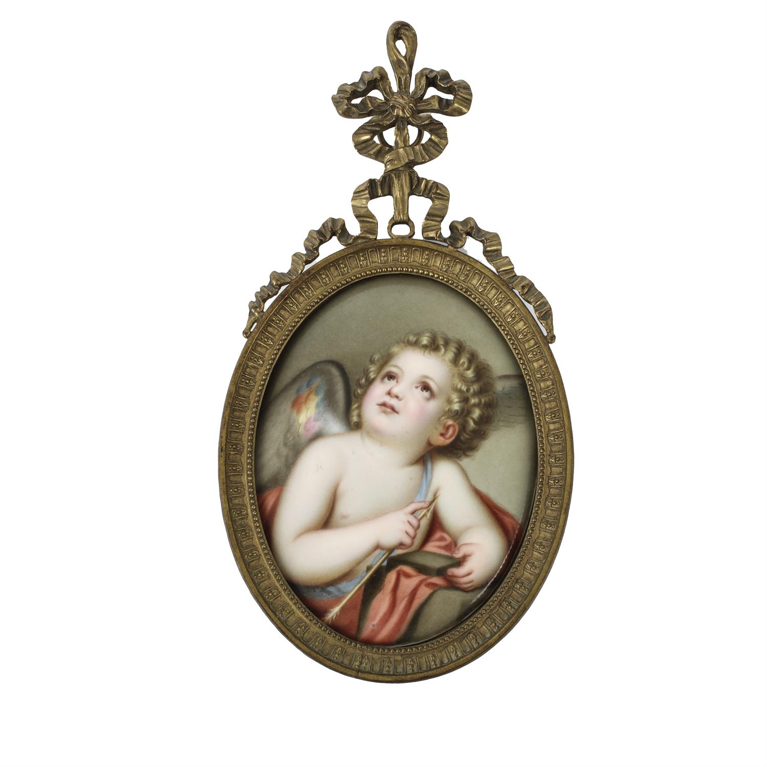 Gilt framed porcelain plaque in the manner of KPM