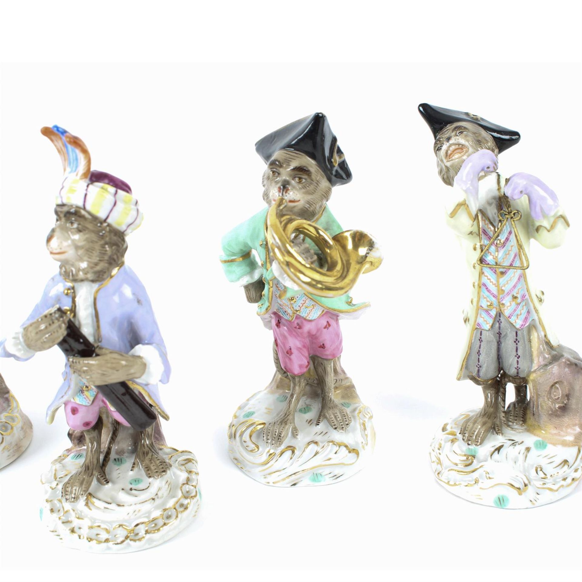 Six Sitzendorf monkey band figurines - Image 3 of 4