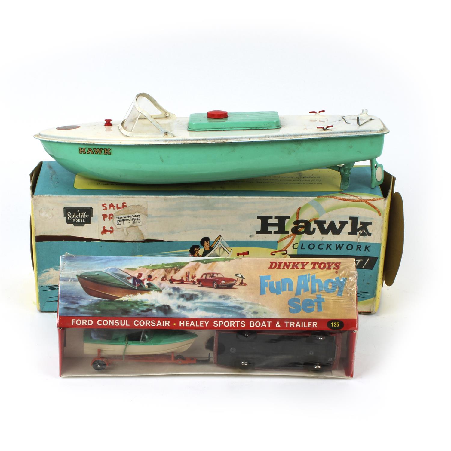 Boxed Dinky Toys Fun A'Hoy set and a Sutcliffe clockwork speed boat