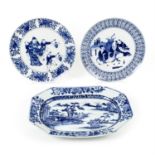 Chinese export meat plates and two blue and white plates