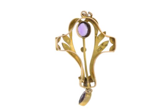 Edwardian 9ct gold amethyst & split pearl pendant - Bild 2 aus 2