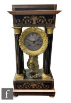 A 19th Century marquetry inlaid Portico mantle clock, the silvered dial and movement suspended in