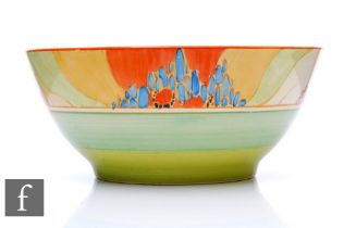 A large Clarice Cliff Havre shape fruit bowl circa 1933, hand painted in the Windbells pattern