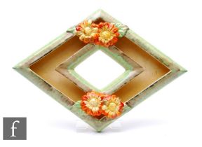 A Clarice Cliff My Garden pattern large diamond shape flower trough circa 1936, decorated with