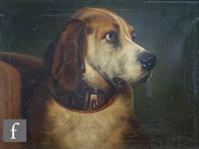 AFTER SIR EDWIN LANDSEER - 'Odin - a bloodhound', oil on canvas, inscribed verso, framed, 50cm x