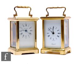 A 20th Century brass carriage clock by Bayard, fixed key wind, and a similar example by the London