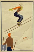AFTER EDOUARD HALOUZE (FRENCH, 1895-1958) - The Ski Jump, pochoir print, signed, framed, 10.5cm x