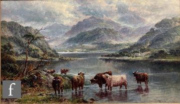 WILLIAM LANGLEY (1852-1922) - Highland cattle in an extensive river landscape, oil on canvas,