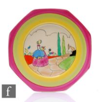 A Clarice Cliff Applique Crinoline Lady octagonal cake plate circa 1933, hand painted with a scene