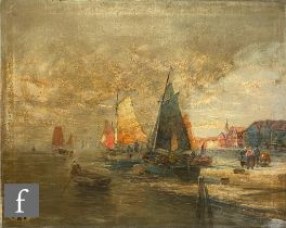 C. WELLS (EARLY 20TH CENTURY) - A busy harbour scene, oil on canvas, signed, unframed, 55cm x 69cm.