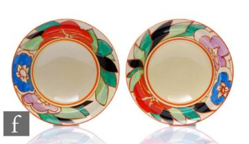 A pair of Clarice Cliff Red Gardenia dessert or grapefruit bowls circa 1932, hand painted to the rim