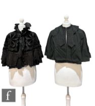 Two Victorian/Edwardian black satin capes/mourning capes, circa 1890-1910, the first with ruffled