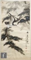 In the manner of Xu Shiqi, a monochrome scroll painting of an eagle amidst a pine tree and moon