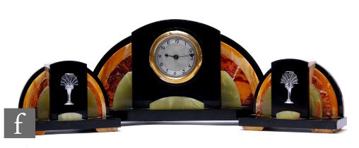 An Art Deco marble and onyx clock garniture of stepped coloured domed form, converted.