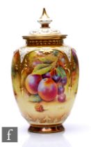 A Royal Worcester porcelain painted fruit pattern pot pourri jar and cover H169B, painted by D.